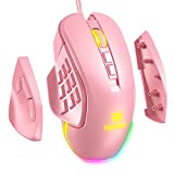 Wired Gaming Mouse, seenda LED Gaming Mouse with Interchangable Side Plate, 10000 DPI Programmable Macros and Customizable MMO Computer Gaming Mice with Side Buttons - Pink