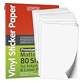 JOYEZA Premium Printable Vinyl Sticker Paper for Inkjet Printer - 80 Sheets Matte White Waterproof, Dries Quickly Vivid Colors, Holds Ink well- Tear Resistant - Inkjet & Laser Printer