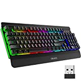 Gaming Keyboard Wireless, Light Up LED Backlit, Rechargeable Keyboard 50 Hours Battery Life & Sleep Mode & Indicators, Quiet, Ergonomic Metal Wrist Rest for PC Computer Gamer - 2.4G USB, Black
