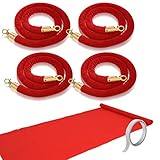 Red Carpet Runner 2.6 x 15 ft Red Carpet Aisle Runner Rug with 4 Pieces Red Velvet Stanchion Rope Crowd Control Rope Barrier with Gold Color Plated Hooks, 5 Feet