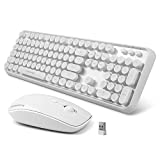 FOPETT V2020 Wireless Keyboard and Mouse Sets,White Retro Style Keyboard with Round Keycaps,2.4GHz Dropout-Free Connection Mouse with 3 Adjustable DPI,Long Battery Life for Windows,Notebook,PC