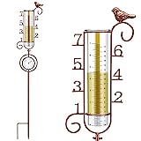 VANCORE 32 Inch Rain Gauge Outdoor with Waterproof Thermometer, 7 Inch Rain Guage Easy to Read, Detachable Rustproof Metal Frame with Replacement Glass Tube, Hummingbird Decor for Yard & Garden