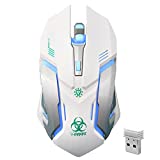 White Wireless Gaming Mouse, VEGCOO Silent Click Wireless Rechargeable Gaming Mouse with Colorful LED Lights and 3 Level DPI for Laptop and Computer (White)