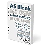 A5 Blank Paper, 160 GSM, 6-Hole Punched, 160 Sheets/320 Pages, White, 148mm x 210mm (5.83 in. x 8.27 in.)