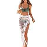 Women Sexy Hollow Out Mesh Tassle Skirts Beach Cover Up Summer Fish Net Swimsuit Wrap Sheer Maxi Sarong Swimwear (A-White, Medium)