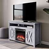 BELLEZE Modern 48 Inch Barn Door Wood Electric Fireplace TV Stand & Media Entertainment Center Console Table for TVs up to 55 Inches with Two Open Shelves and Cabinets - Corin (Light Gray)