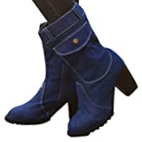 Aniywn Women's Mid Calf Denim Boots Chunky High Heels Boots Zipper Buckle Combat Boots Shoes