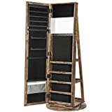SONGMICS 360° Swivel Jewelry Cabinet, High Full Length Mirror, Lockable Jewelry Armoire, with Built-in Small Mirror, Rear Storage Shelves, Rustic Brown UJJC062K01