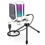 FIFINE AmpliGame USB Microphone, PC Gaming Recording Desktop Laptop Mic, RGB Streaming Podcasting Condenser Mic for Online Game, Vocal, with Mute Button, Gain Knob, Tripod Stand-A6V White