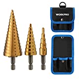 WORKPRO 3-Piece Step Drill Bit Set, 1/4' Hex Shank Quick Change High Speed Steel Titanium Coated Drill Bits for Plastic, Wood, Sheet Metal, Aluminum Hole Drilling, Well-Organized Bag Included,Metric