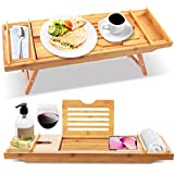 SereneLife Bath Caddy Breakfast Tray Combo - Natural Bamboo Wood Waterproof Bath Tub Caddy and Bed Tray with Folding Slide-Out Arms, Device Grooves, Wine Glass and Soap Holder SLBCAD50.5 , Brown