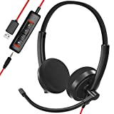 USB Headset, HROEENOI Black Noise Cancelling Headphones with Microphone, PC Headset Wired for Computer/Mac/Laptop, with USB+3.5mm Jack, in-line Controls for Office Home Business