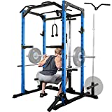 Mikolo Power Cage with LAT Pulldown System, 1200LBS Capacity Power Rack, Multi-Functional Squat Rack with 13-Level Adjustable Height and J-Hooks, Dip Bars, T-Bar (2022 Version-Blue)