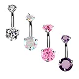 14G Surgical Steel Belly Button Rings Round Cubic Zirconia Navel Barbell Stud Body Piercing (4 Pcs Clear+Colorful+Pink+Purple)