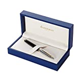 Waterman Carène Deluxe Fountain Pen, Gloss Black & Silver Plated with 23k Gold Clip, Fine Nib with Blue Ink Cartridge, Gift Box