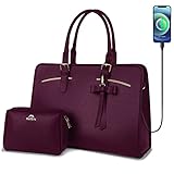 Laptop Bag for Women, Large Laptop briefcase for 15.6 Inch Computer Waterproof PU Leather Shoulder Bag with USB Charging Port, Fashion Business Office Work Tote Bag Handbag Purse 2pcs Set, Dark Purple