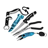 Mossy Oak 4pc Fishing Tool Kit - Pistol Grip Fishing Pliers, Fish Fillet Knife, Fishing Gripper, Line Snip, Fly Fishing Retractor with Retractable Lanyard