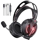 Combatwing Gaming Headset with Microphone, PC Gaming Headphones Double Head Beam Suspended Soft Soft Memory Earmuffs, 7.1 Surround Sound Nintendo 64 Accessories with LED Light for PC, PS4, Mac, Laptop