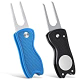 Vibit Foldable Golf Divot Repair Tool with Magnetic Ball Marker and Pop-up Button Green Tool Accessories with Metal Fork Tine and Plastic Handle for Golfers, 2 Pack