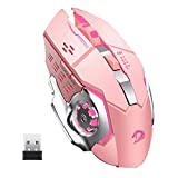 Uciefy T85 Rechargeable Wireless Mouse, 2.4G Ergonomic Silent Gaming Mice Portable Optical with USB Receiver, 3 Adjustable DPI, 6 Buttons LED Lights Compatible with Laptop/PC/Chromebook (Pink)