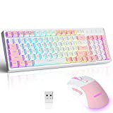 CK98 Wireless Gaming Keyboard and Mouse Combo,Rechargeable RGB White Gaming Keyboard RGB Backlit 98 Keys Mechanical Feeling Dual Color Keyboard and Gaming Mouse 3200DPI for PC Mac Gamers(WhitePink)
