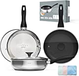 cizzle Stainless Steel Non Stick Frying Pan, 11 Inch PFOA Free Deep Skillets with Lid, Nonstick Fry Works Induction Cooktop, Gas, Ceramic, and Electric Stove, Dishwasher Safe, Black, (C8112)