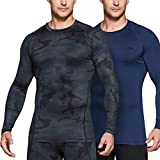 TSLA Men's Thermal Long Sleeve Compression Shirts, Athletic Base Layer Top, Winter Gear Running T-Shirt, Heat Core 2pack Navy/Woodland Slash Black, Large
