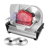 Meat Slicer 200 Watt for Home Use, Electric Food Slicer with Two 7.5' Sharp Stainless Steel Blade(Serrated + Smooth) & 0-15mm Precise Thickness Cut Deli Food, Meat, Bread, Fruit, Vegetable, Silver