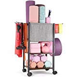 Yoga Mat Storage Rack Home Gym Equipment Workout Equipment Storage Organizer Yoga Mat Holder for Yoga Block,Foam Roller,Resistance Band,Dumbbell,Kettlebell and More Gym Accessories Gym Essentials Women Men Fitness Exercise Equipment Organization with Hooks Wheels
