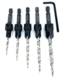 FTG USA Wood Countersink Drill Bit Set 5 Pc Countersink Drill Bit #4, 6, 8, 10, 12, Tapered Drill Bits with 1/4' Hex Shank Quick Change and Allen Wrench, Counter Sinker Drill Bit Set for Woodworking