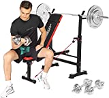 Adjustable 330lbs Weight Bench Set with Squat Rack Fitness Workout Barbell Rack Bench Folding Workout Bench Press Set with Pull Rope for Home Gym (Scarlet)