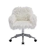 Homvent Fluffy Desk Chair White Faux Fur Vanity Chair Adjustable Swivel Computer Chair on Wheels Height Adjustable Cute Desk Chair for Makeup Room Teen Girls Bedroom Home Office (White)