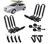 DRSPORTS 2 Pairs Heavy Duty Universal J-Bar Kayak Rack Roof Top Carrier for Kayak Canoe Paddle Boat Mounted on Car SUV, Car and Truck Crossbar with 4 pcs Tie Down Straps