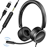 Link Dream USB Headset with Microphone Noise Cancelling for Laptop PC in-Line Mic Mute 3.5mm Computer Headset Wired Call Center Headset w/USB-C Adapter for Zoom, Skype, MacBook, Meeting, Home