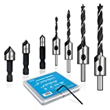 amoolo Countersink Drill Bit Set 7pcs, 4Pcs High Carbon Steel Countersink Drill Bits for Wood, 3 Pcs Hex Shank Wood Countersink Bits (1/2' 3/8' 1/4'), Woodworking Carpentry Reamer,with Free Hex Key Wrench