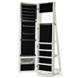 SONGMICS 360° Swivel Jewelry Cabinet, High Full Length Mirror, Lockable Jewelry Armoire, with Built-in Small Mirror, Rear Storage Shelves, White UJJC62WT