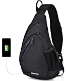 Hanke Sling Bag Men Backpack Unisex One Shoulder Bag Hiking Travel Backpack Crossbody with USB Port for Men Women Versatile Casual Daypack-19 inch,Black