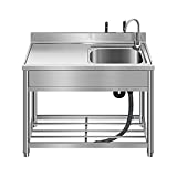 Free Standing Stainless-Steel Single Bowl Commercial Restaurant Kitchen Sink Set w/Faucet & Drainboard, Prep & Utility Washing Hand Basin w/Workbench & Storage Shelves Indoor Outdoor (39 in)