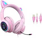 Cat Ear Gaming Headphones Wired AUX 3.5mm with LED Light, Zuri Sana Foldable Stereo Game Music Sound Over-Ear Headsets with Microphone Kids Adult Gift for PC, PS4, Switch, Cellphone, Pad, Laptop
