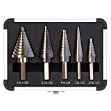 HYCLAT 5pcs Titanium Step Drill Bit, Hss Cobalt Multiple Hole 50 Sizes, High-Speed Metal Steel Step Drill Bit Set with Aluminum Case or Canvas Packing