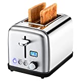 Toaster 2 Slice 1.5' Wide Slot, Clear LED Display & High-Lift, 6 Browning Settings, Defrost Reheat Cancel Bagel 2 Slice Toaster, Removable Crumb Tray & Auto Shutoff, Stainless Steel Toaster, Silver