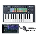 Novation FLkey Mini 25-Key MIDI Keyboard Controller for FL Studio with FL Studio 20 Fruity Edition Software (Boxed), Keyboard Piano Style Sustain Pedal (Black) and 4-Port USB 3.0 Hub Bundle (4 Items)