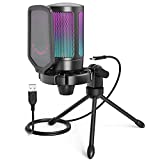 FIFINE Gaming USB Microphone for PC PS5, Condenser Mic with Quick Mute, RGB Indicator, Tripod Stand, Pop Filter, Shock Mount, Gain Control for Streaming Discord Twitch Podcasts Videos- AmpliGame