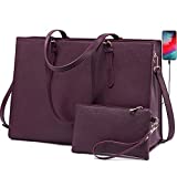 LOVEVOOK Laptop Bag for Women, Fashion Computer Tote Bag Large Capacity Handbag, Leather Shoulder Bag Purse Set, Professional Business Work Briefcase for Office Lady, 2PCs, 15.6-Inch, Deep Plum