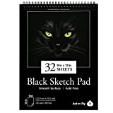 Art-N-Fly 32 Sheets Black Sketch Pad 9x12' - Black Sketchbook Drawing Paper, Perforated Edge on Spiral Bound 88 LB - Art Black Sketch Book for Colored Pencils, Graphite, Charcoal, Pastels & Gel Pens