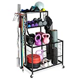 Weight Rack Home Gym Storage, Yoga Mat Storage Rack Workout Equipment Storage Rack for Dumbbells Kettlebells Resistance Band, Multifunction Exercise Equipment Gym Rack Organizer with Wheels and Hooks