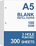 (3-Pack) A5 Filler Paper, 3 Hole Planner Refills, Organizer, Loose-leaf Binder Paper, Total 300 Sheets/600 Pages, 100gsm, Blank, White Paper, 5.8 x 8.2 Inch