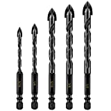 Masonry Drill Bit Set, 5Pcs Concrete Drill Bits Set for Tile, Brick, Glass, Plastic and Wood, Tungsten Carbide Tip Drill Bits for Wall Mirror and Ceramic Tile in Size 3/16, 1/4, 5/16, 3/8, 1/2inch