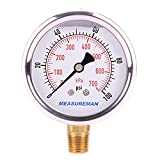 MEASUREMAN 2-1/2' Dial Size, Glycerin Filled Pressure Gauge, 0-100psi/kpa, 304 Stainless Steel Case, 1/4'NPT Lower Mount