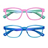 AHXLL Kids Blue Light Blocking Glasses 2 Pack, Anti Eyestrain & UV Protection, Computer Gaming TV Phone Glasses for Boys Girls Age 3-9 (Pink Green+ Transparent Blue)